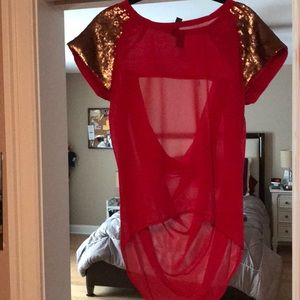 Red sheer top with gold sequins